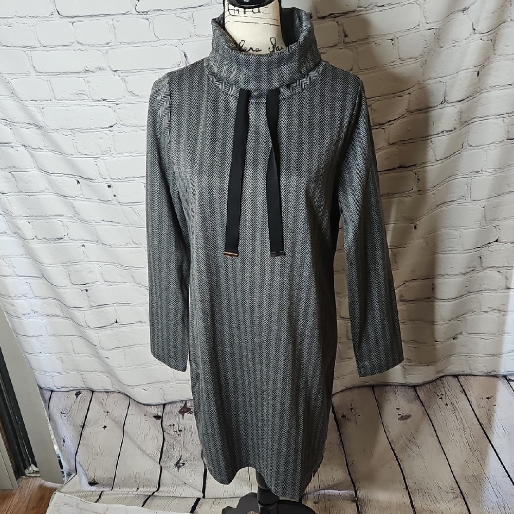 Tommy Hilfiger Gray Herringbone Cowl Neck Long Sleeve Shift Dress Size Medium